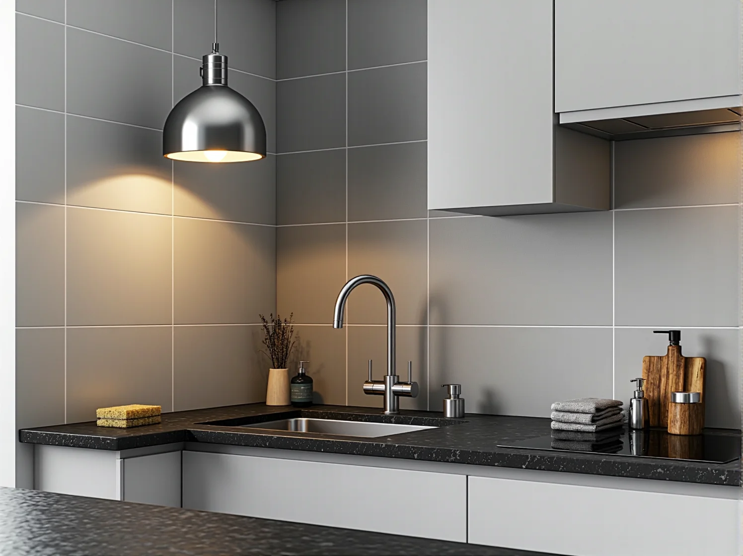 Lśniąca lampa wisząca w czystej kuchni po zabiegach pielęgnacyjnych i konserwacji