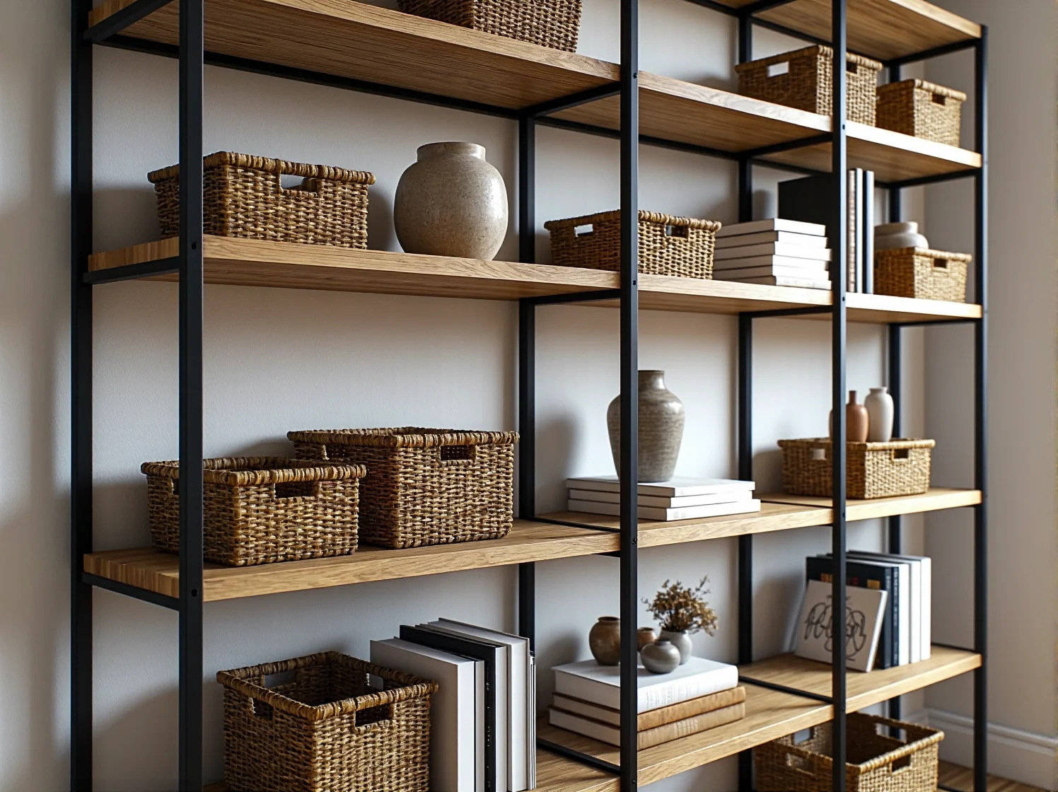 Białe półki wiszące zamontowane nad biurkiem w niewielkiej sypialni jako sposób na przechowywanie.