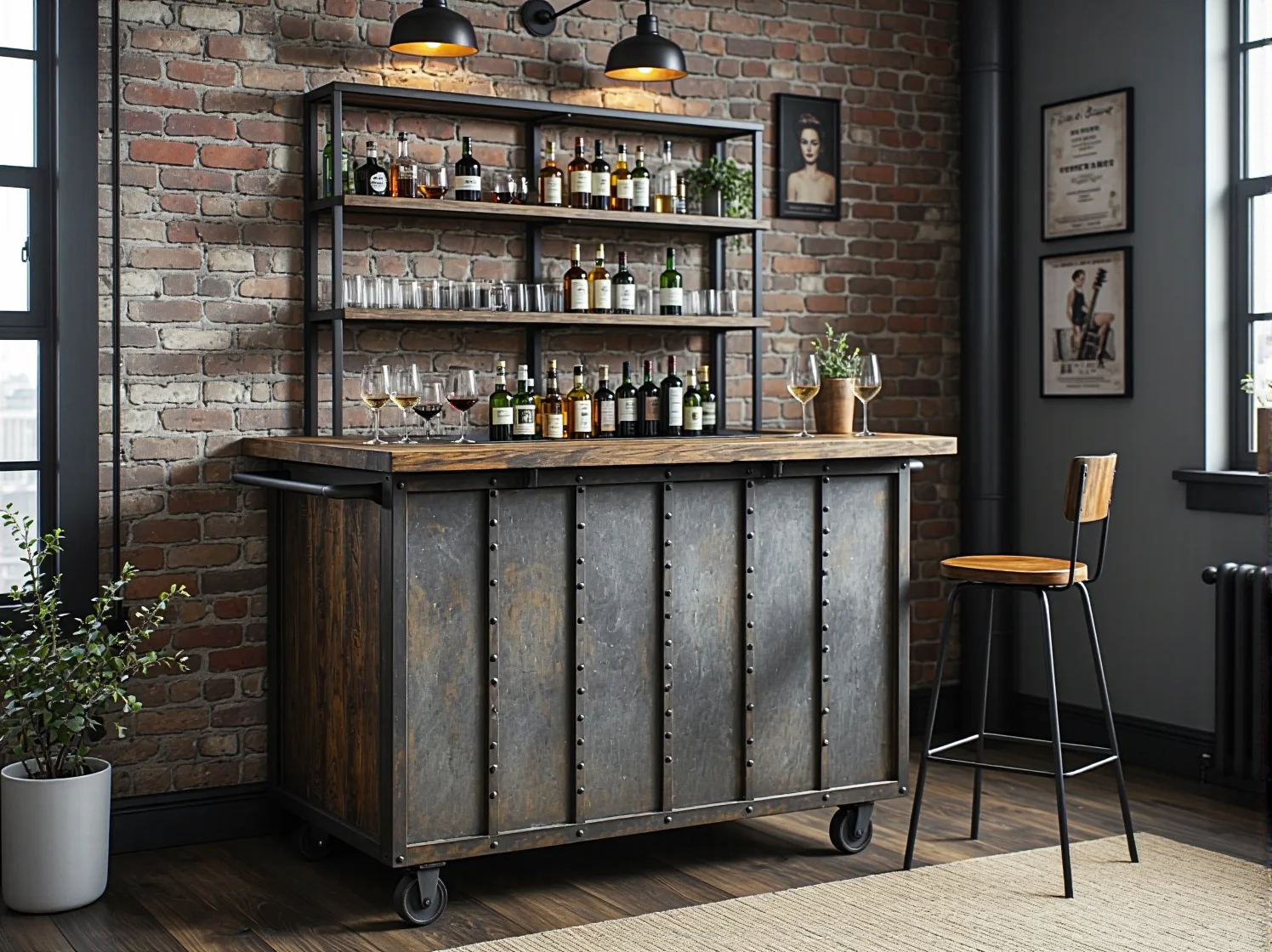 Wiszące półki wykonane z hydraulicznych rur i starego drewna na ścianie z cegły.