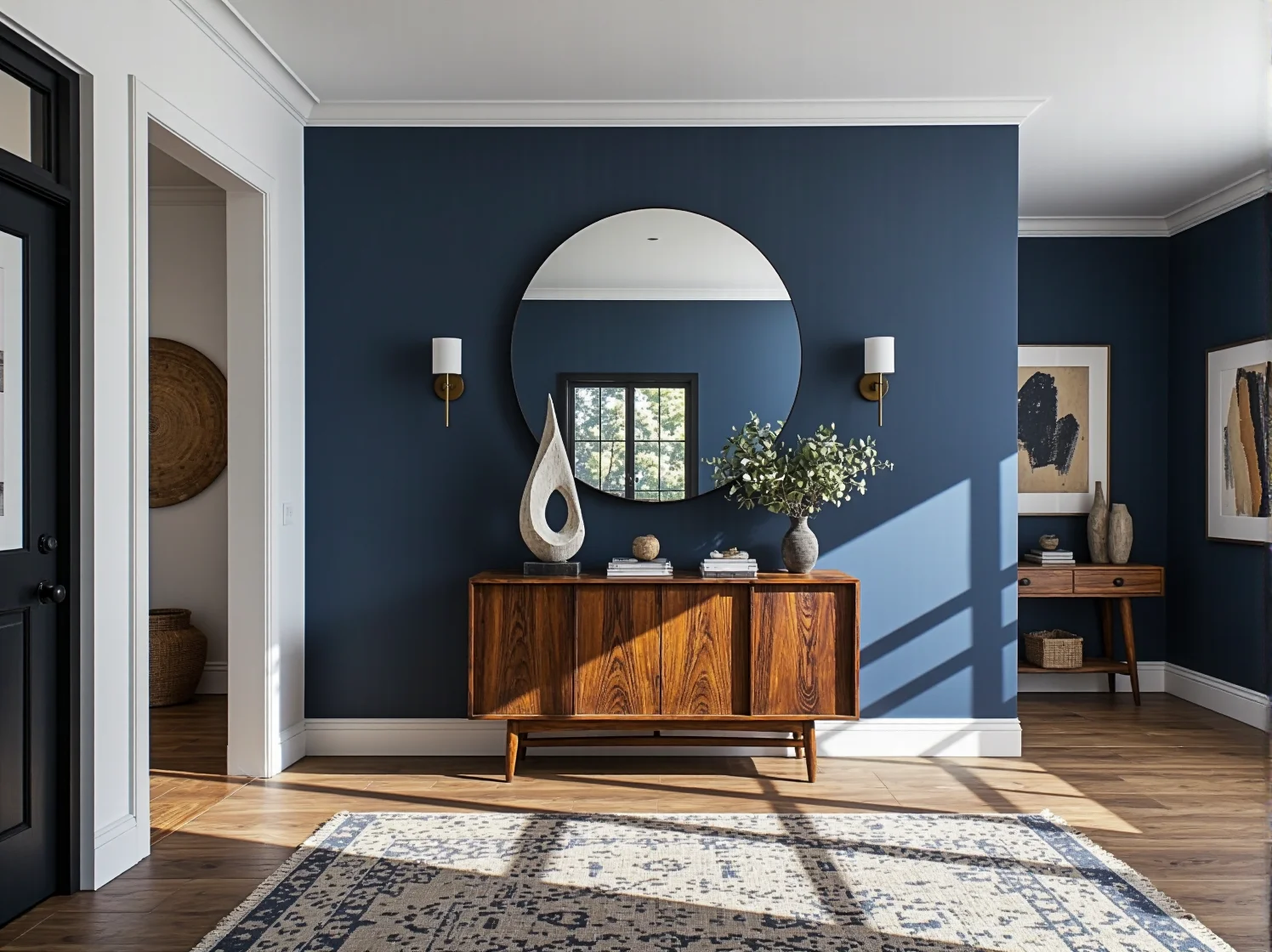 Prestiżowa sypialnia łącząca głęboki granat z miedzianymi dodatkami