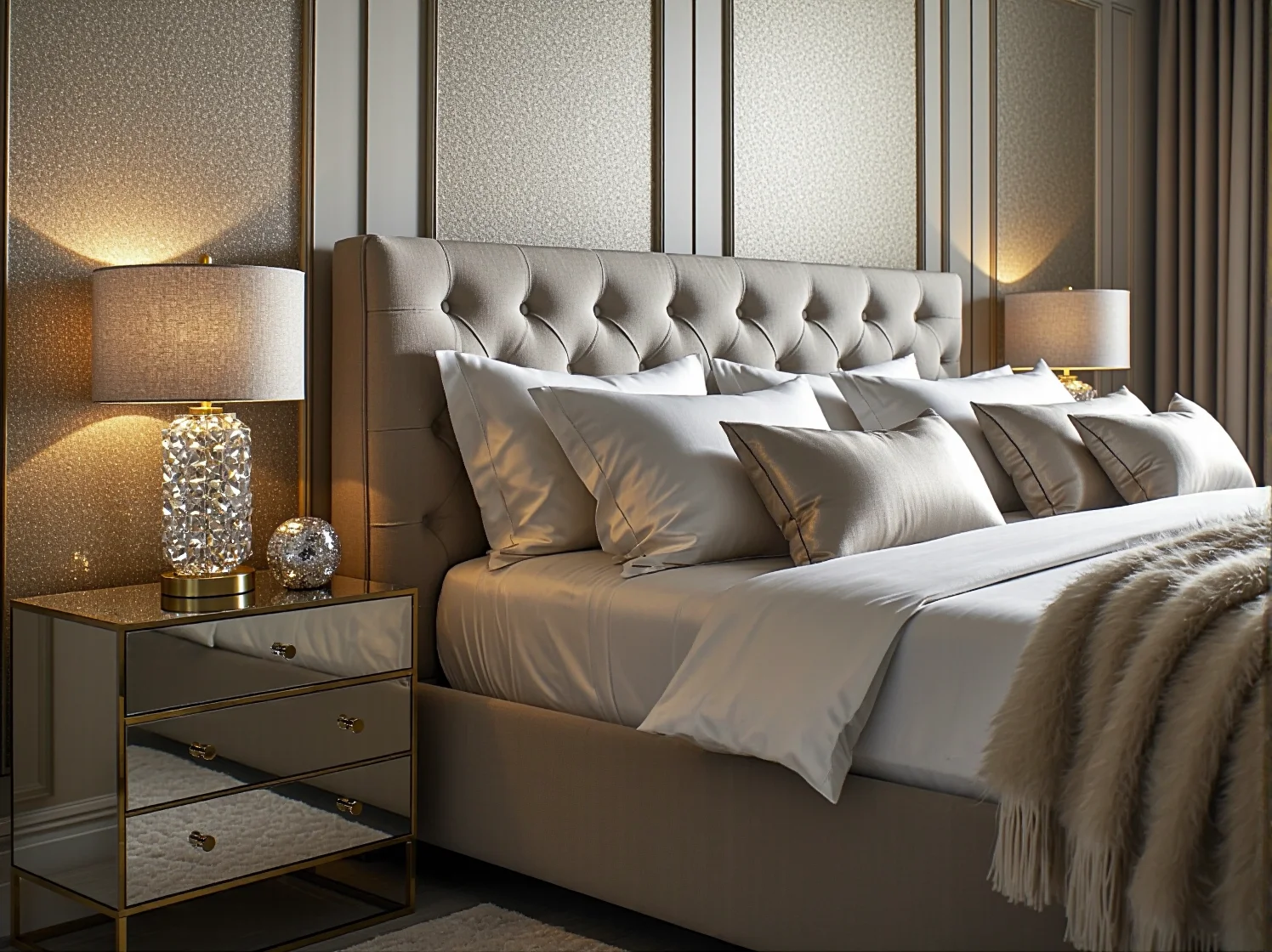 Fotel tapicerowany w odcieniu pudrowego różu ze srebrnymi detalami glamour.