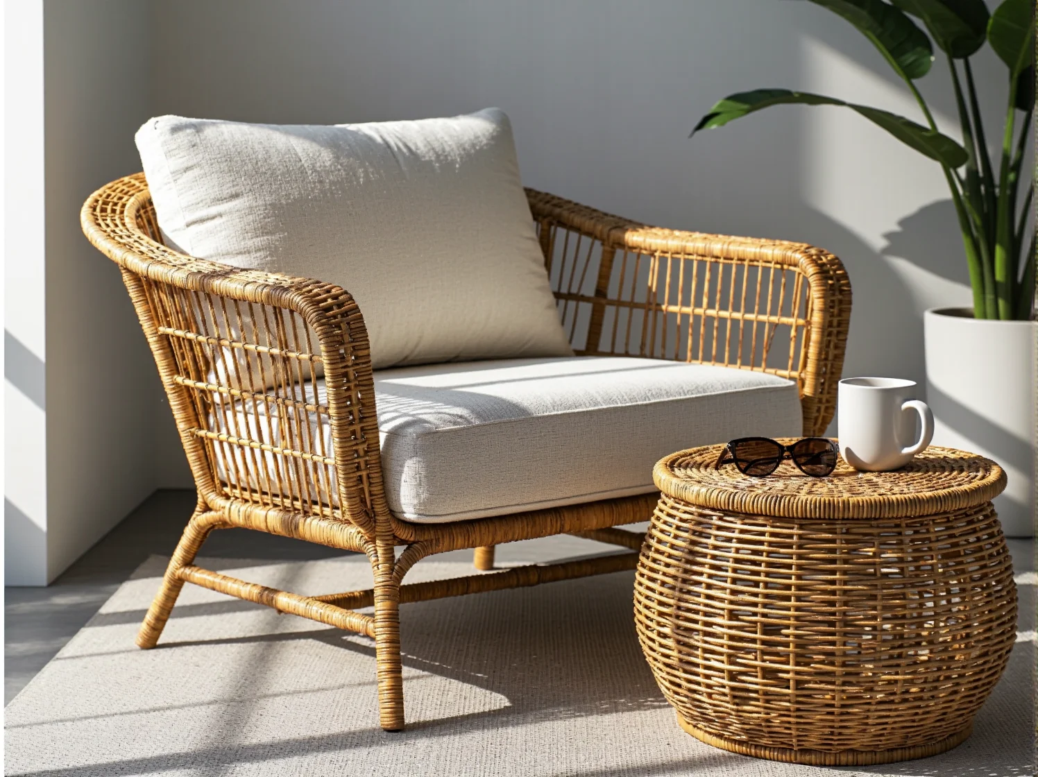 Duże rattanowe donice z zielonymi roślinami jako naturalna dekoracja na tarasie