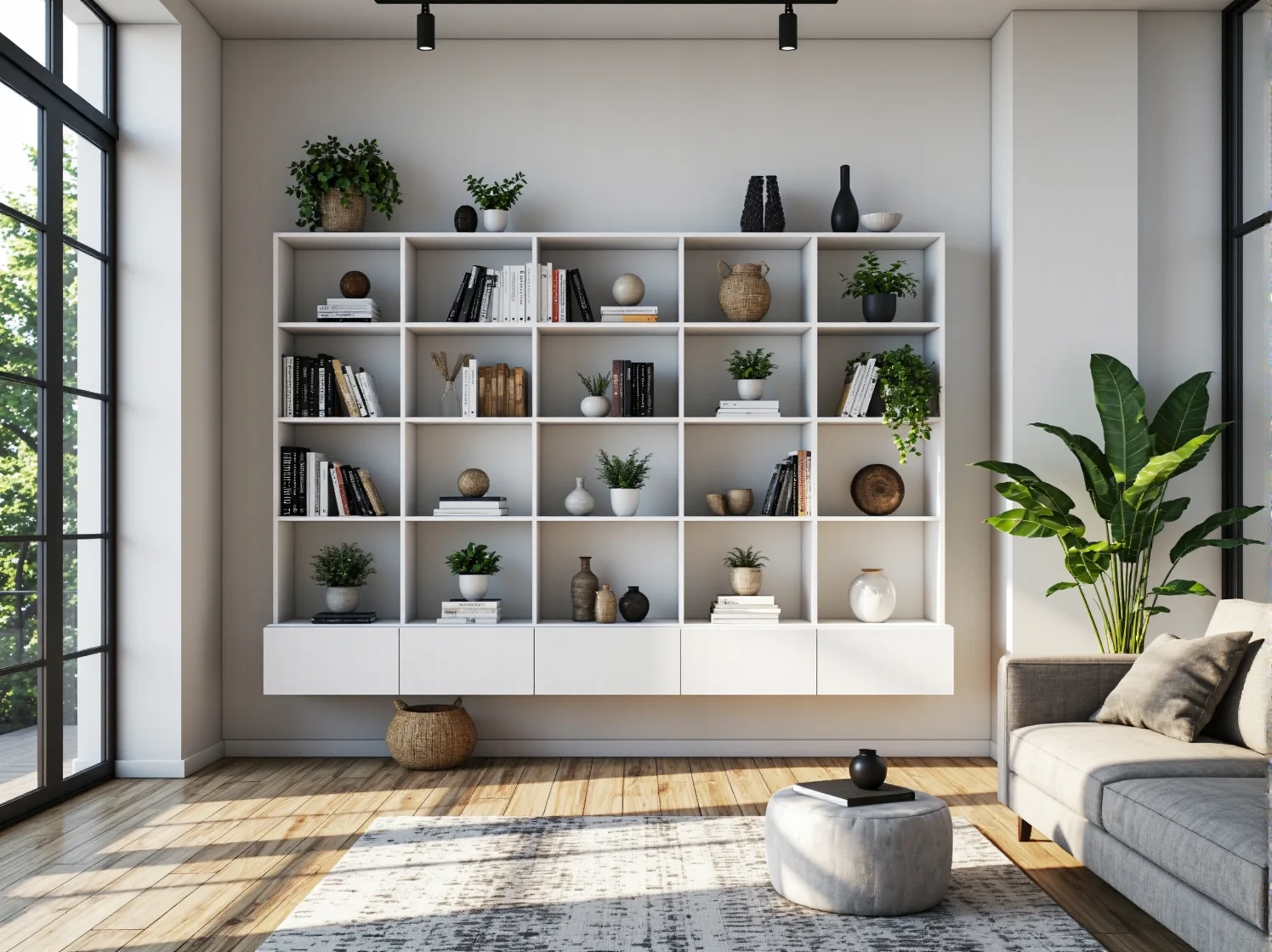 Biały regał modułowy z otwartymi półkami i szufladami