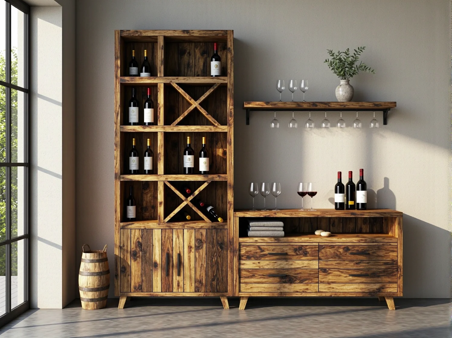 Regał na wino z drewna palet z przegródkami i komodą