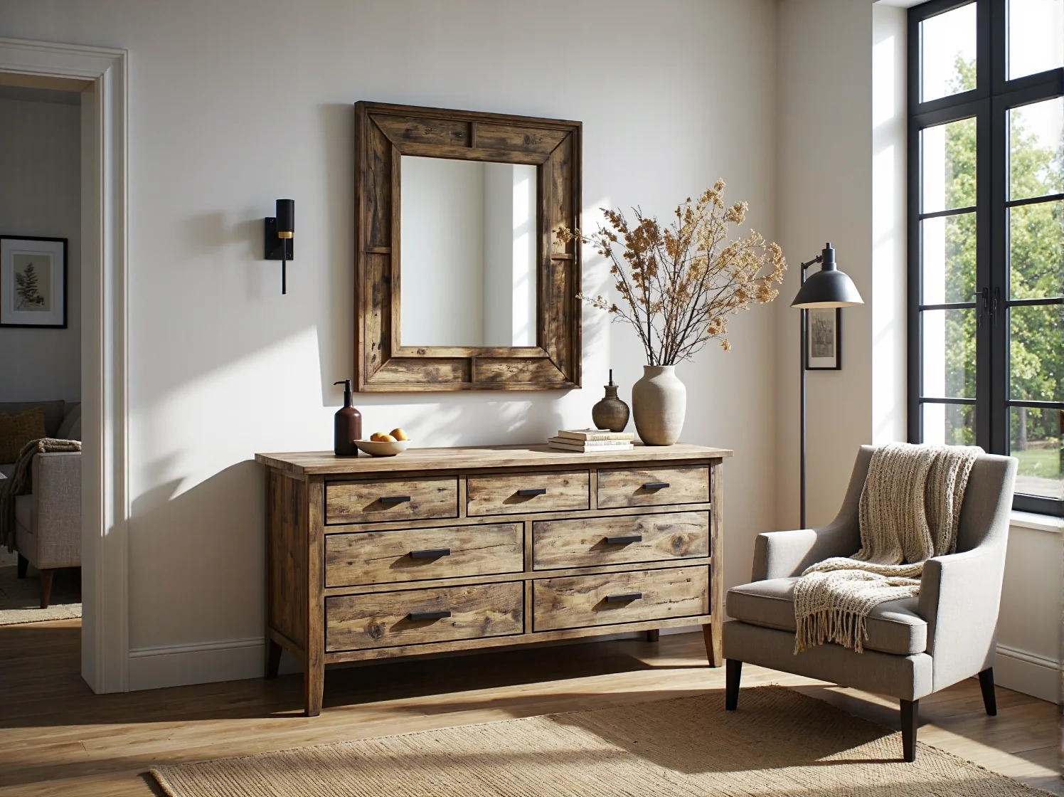 Rustykalna komoda drewniana z siedmioma szufladami i metalowymi uchwytami