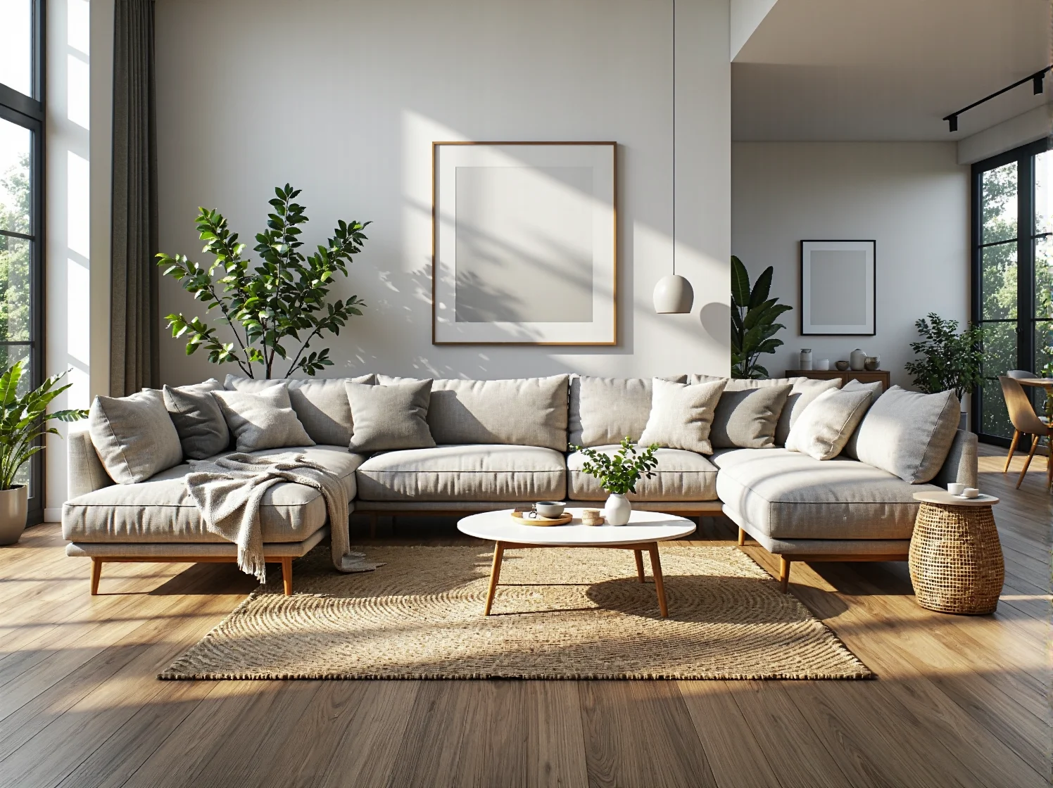 Narożna sofa beżowa z poduszkami na drewnianych nóżkach