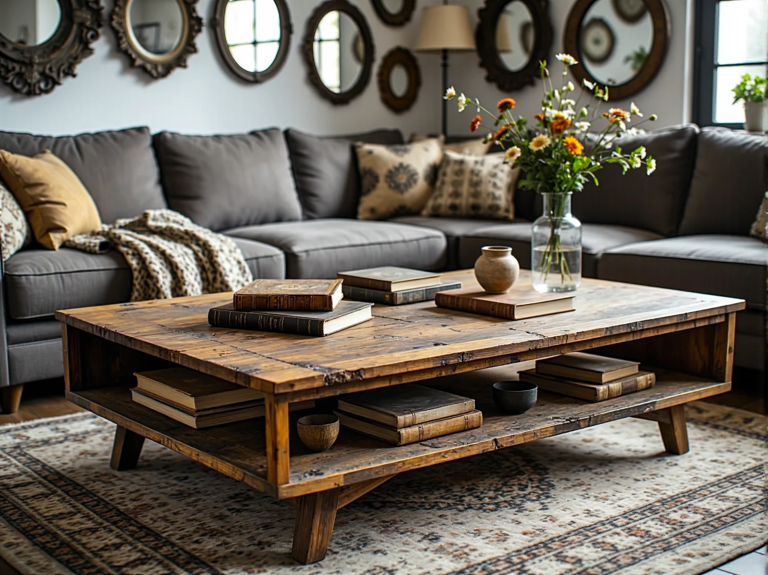 Nowoczesny salon z duszą, roślinami doniczkowymi i klasyczną brązową kanapą rogową