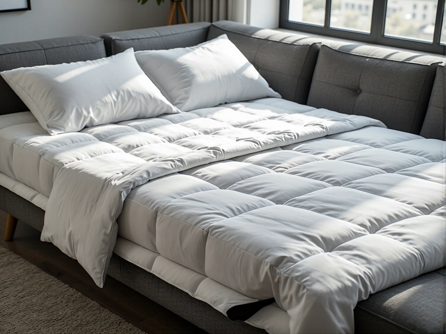 Rozłożona sofa narożna z pojemnikiem na pościel, zapewniająca komfortowy sen dla dwóch osób.