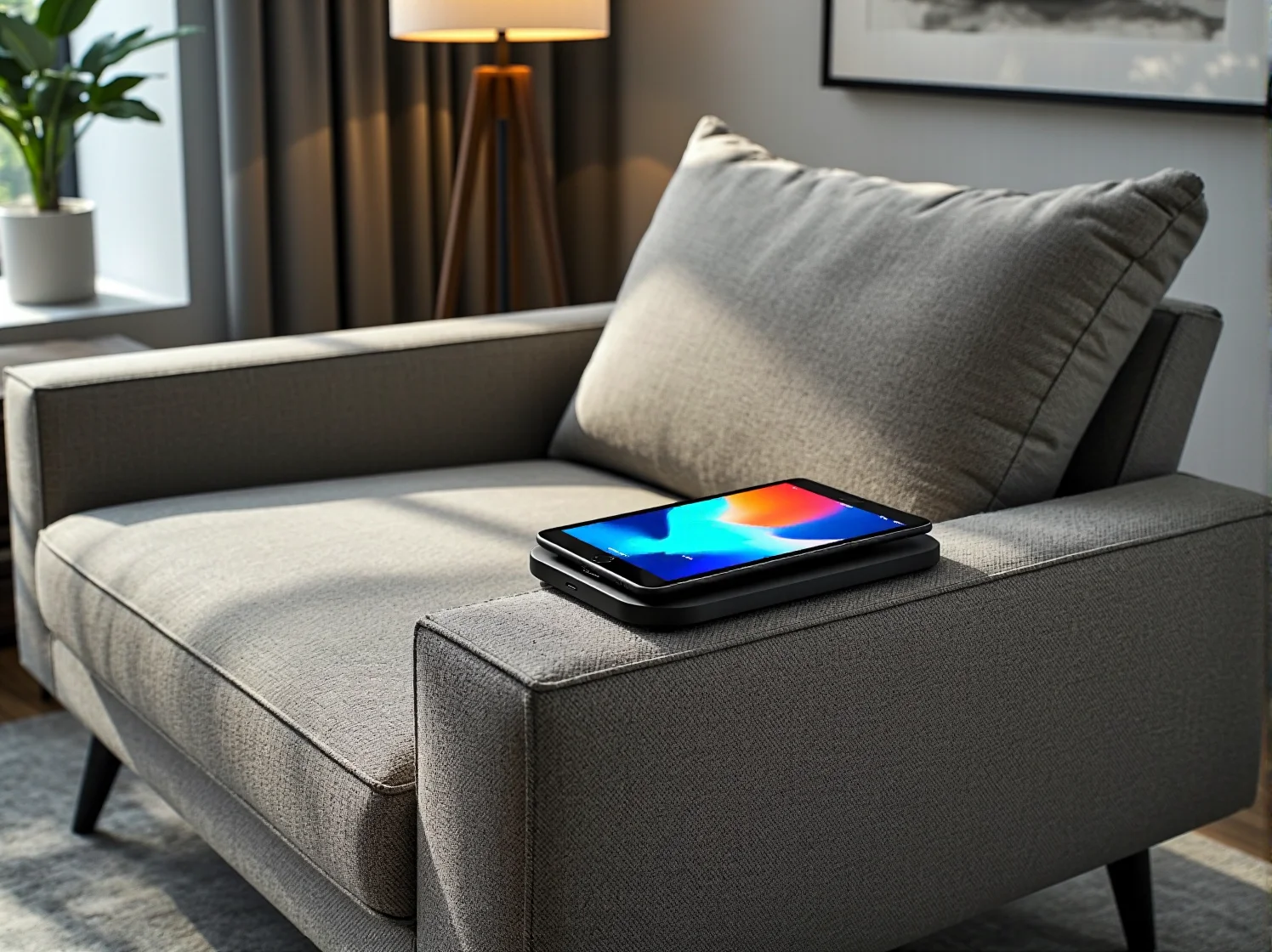 Wygodna sofa w salonie z dyskretnym panelem ładowania w podłokietniku