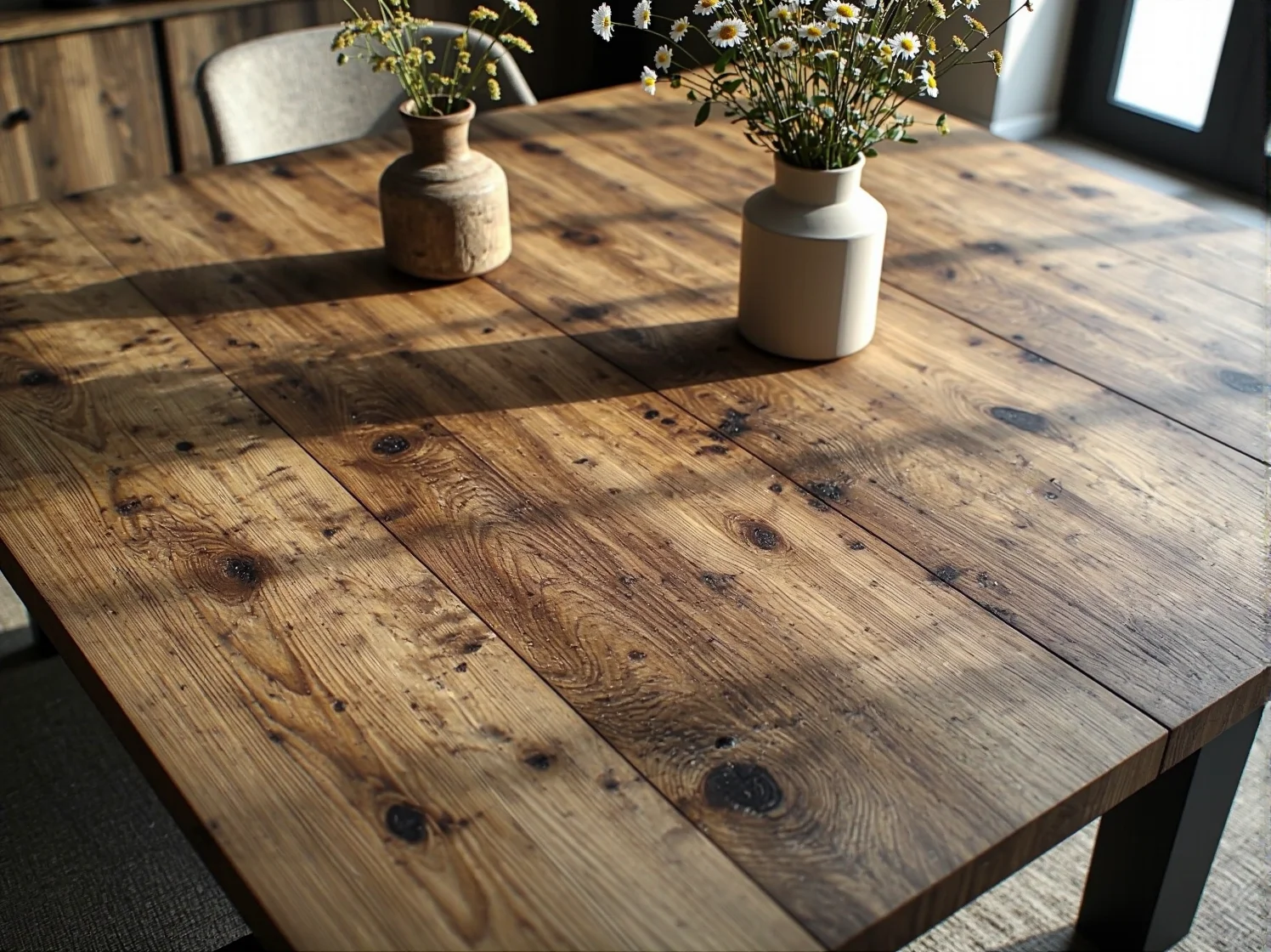 Masywny stół dębowy do jadalni w stylu rustykalnym ukazujący słoje drewna