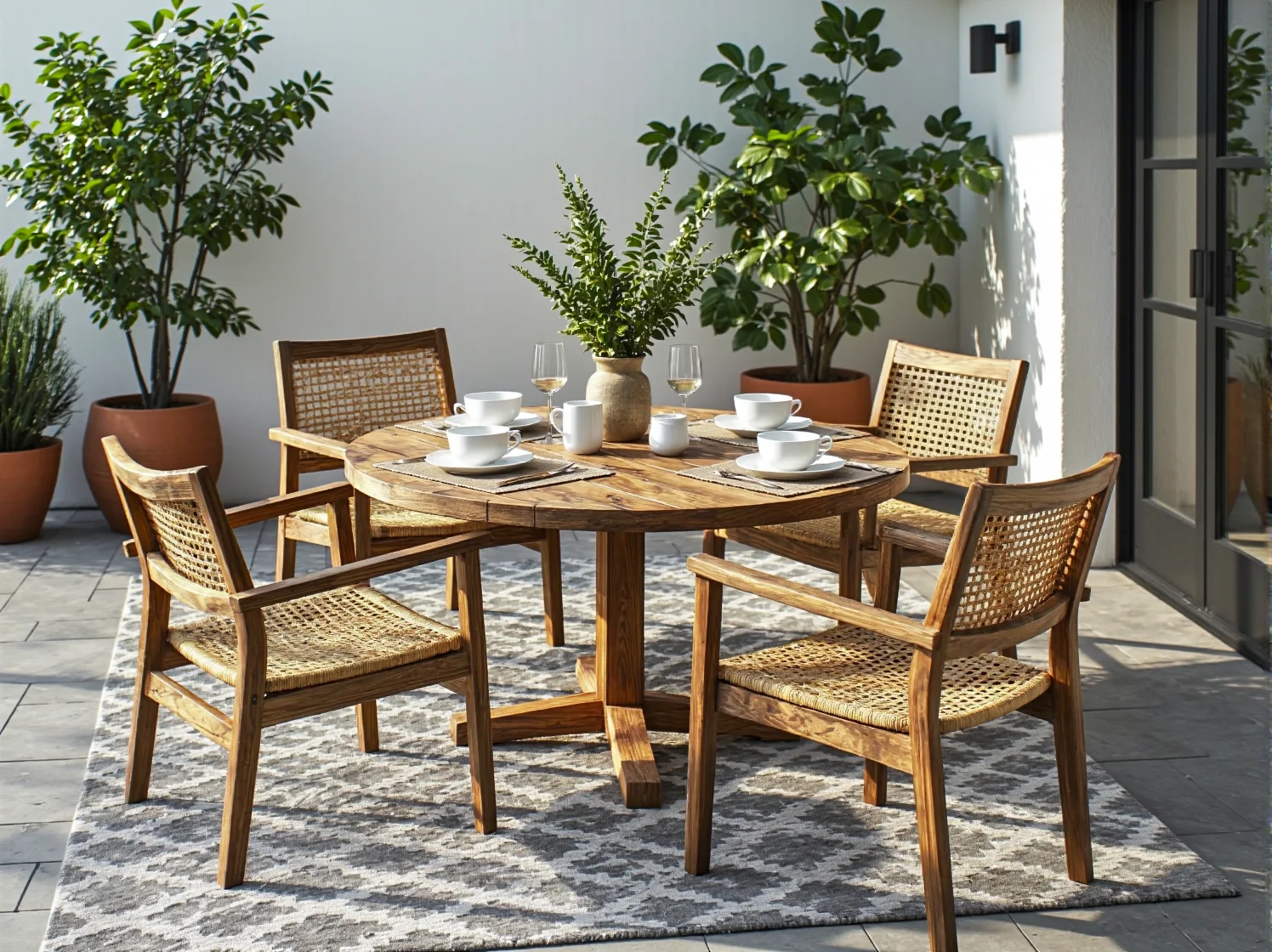 Okrągły stół ogrodowy z drewna tekowego z czterema krzesłami rattanowymi