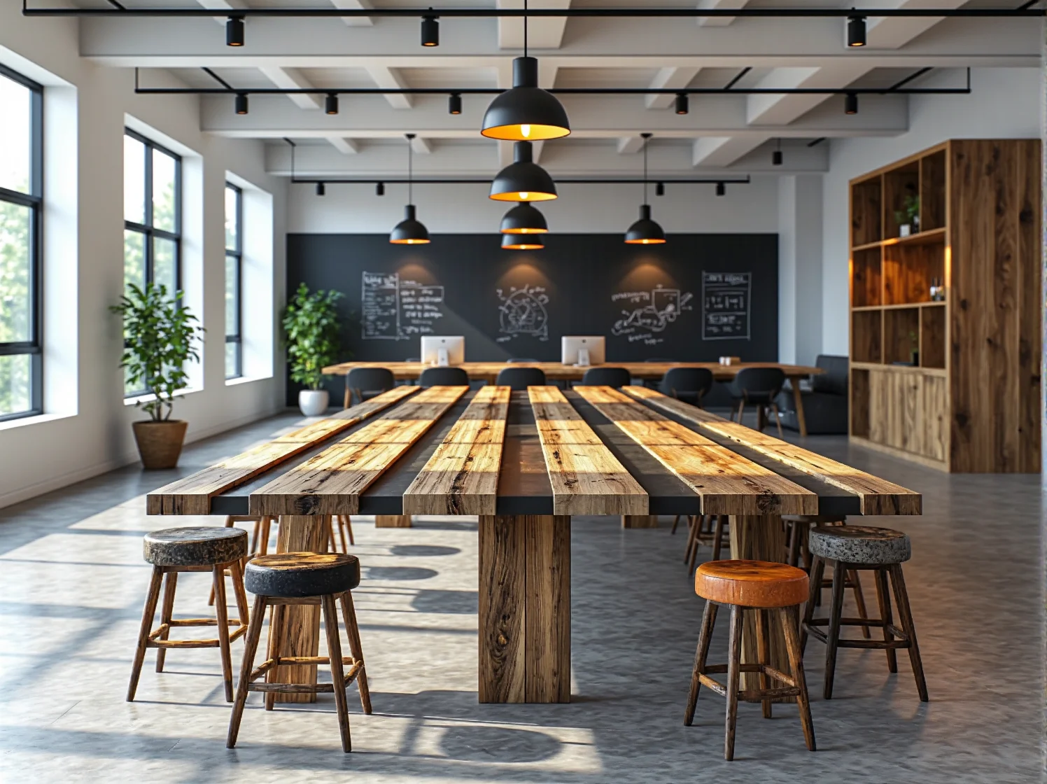 Stół konferencyjny ze starej szpuli po kablach w sali spotkań