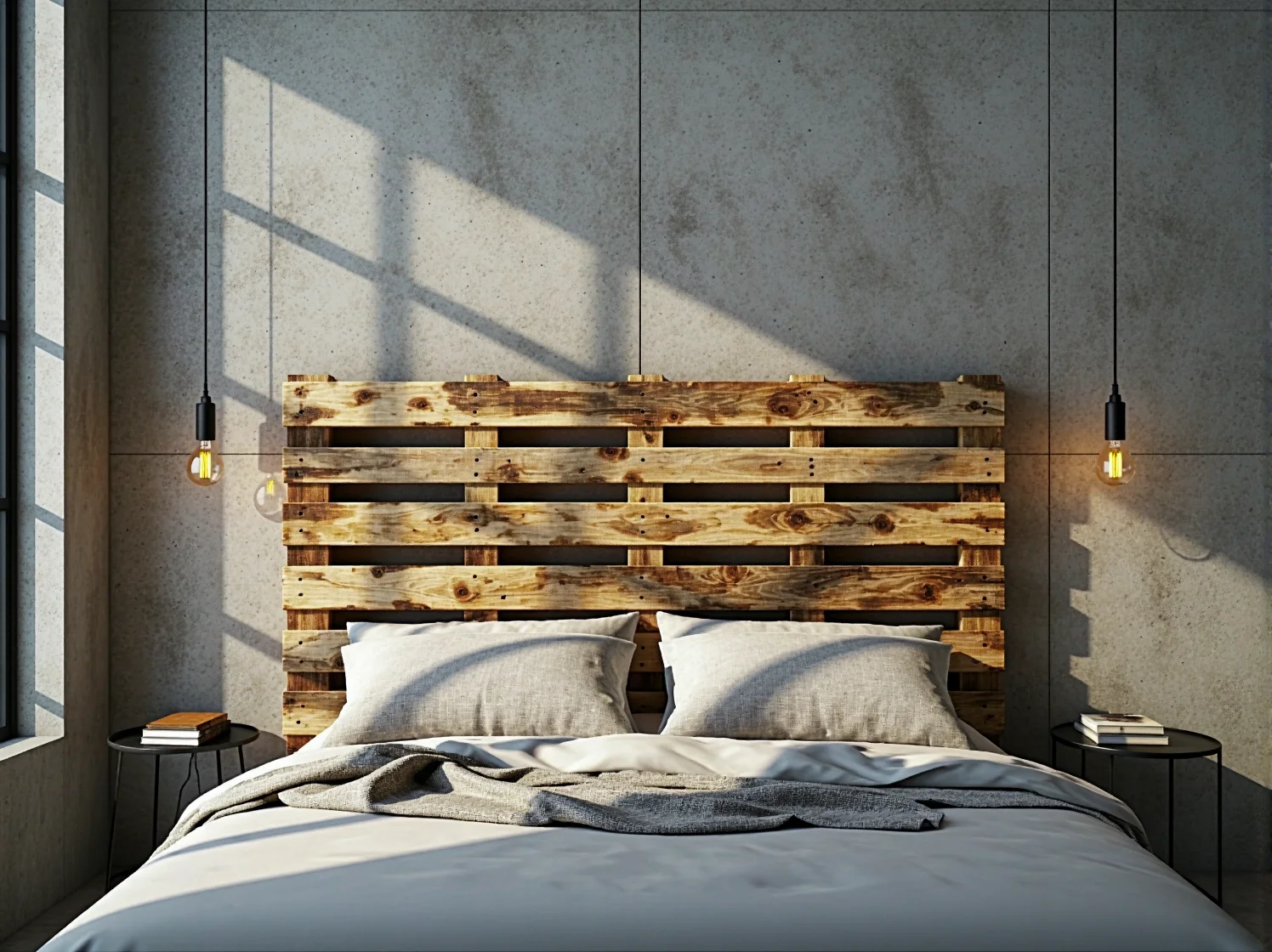 Stolik kawowy zrobiony z drewnianych palet na kółkach w industrialnym salonie. Projekt DIY.