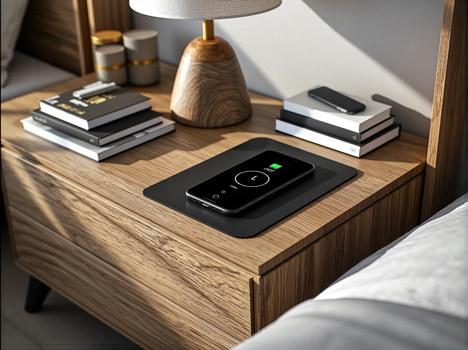 Zbliżenie na smartfon ładujący się bezprzewodowo na blacie stolika kawowego