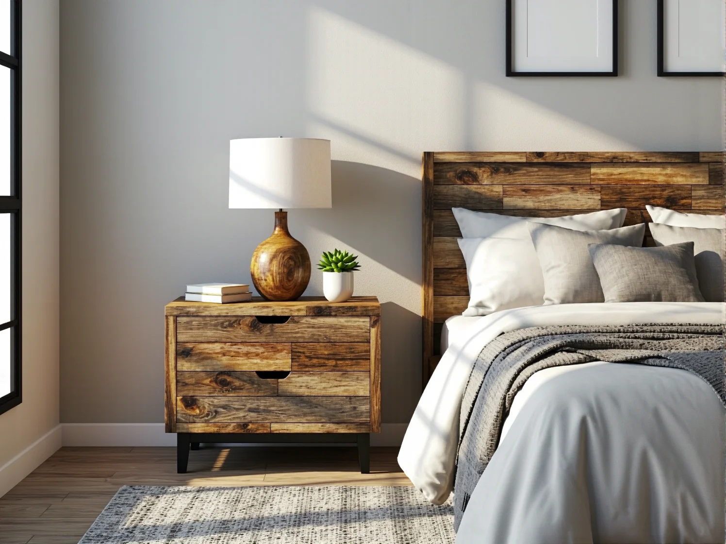 Rustykalny stolik nocny z drewna z odzysku z trzema szufladami