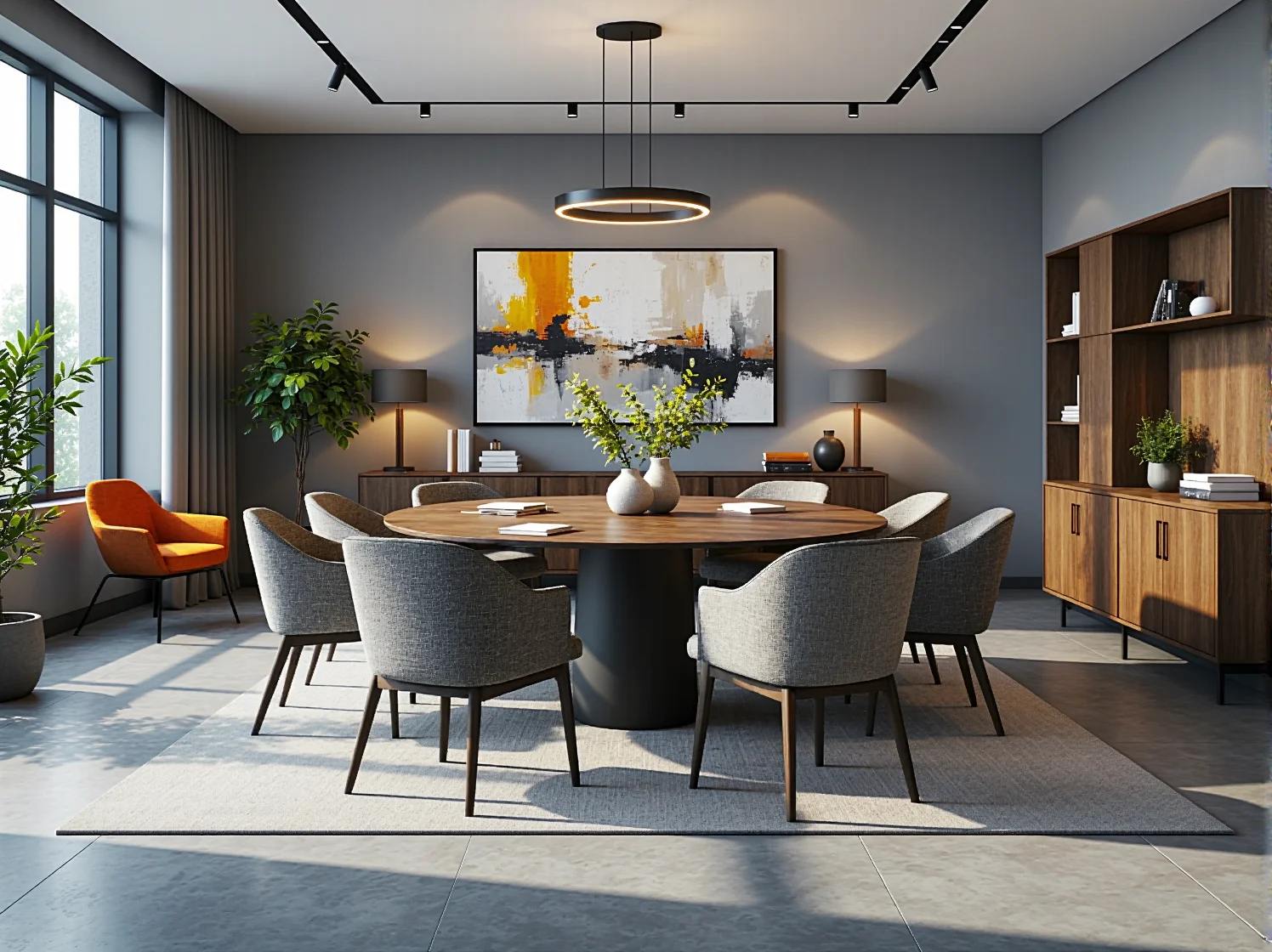 Stylowa strefa relaksu w biurze premium wykończona naturalnym kamieniem i drewnem.