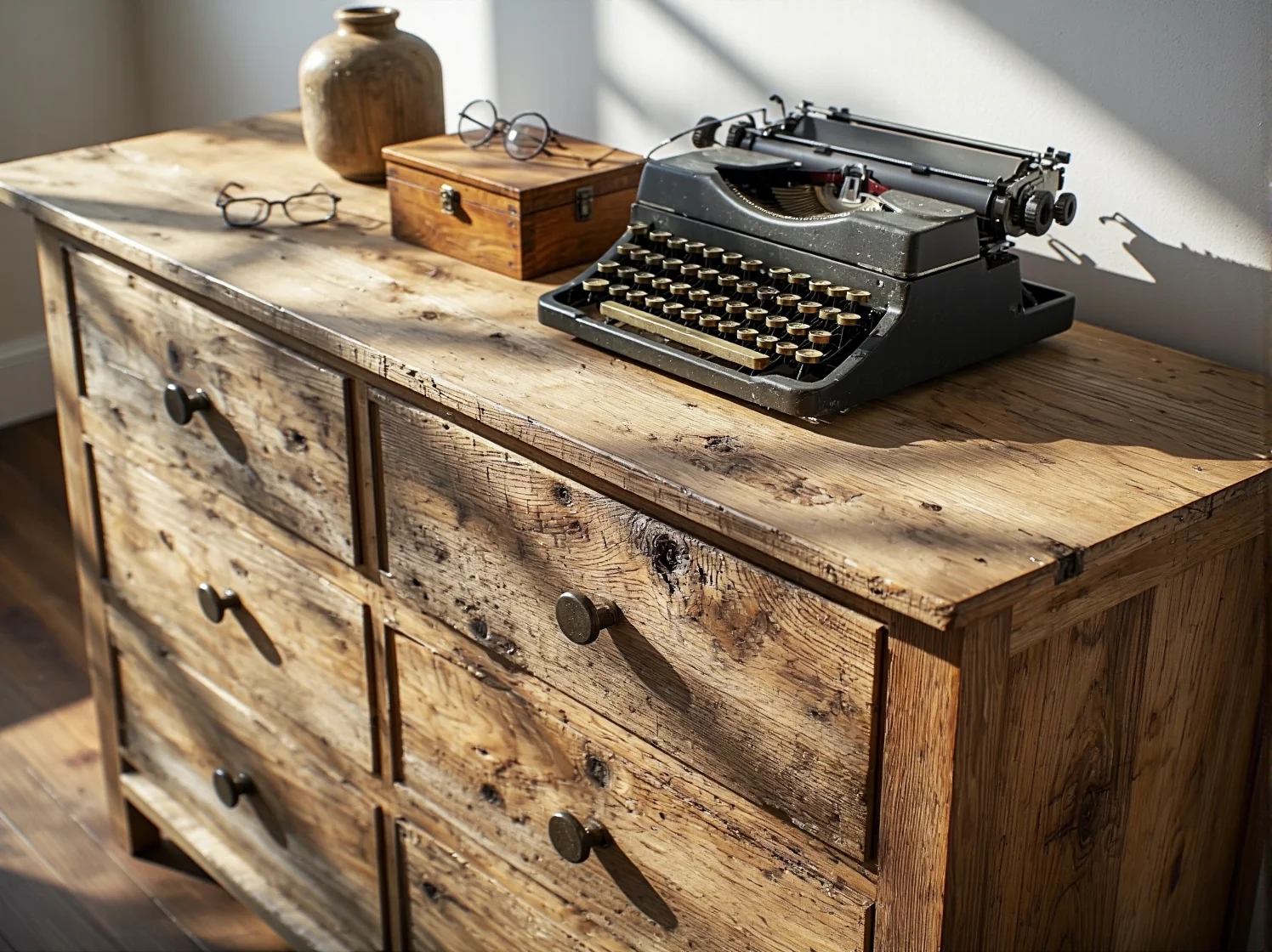 Detale postarzanego drewna i metalowe uchwyty w komodzie do archiwizacji akt