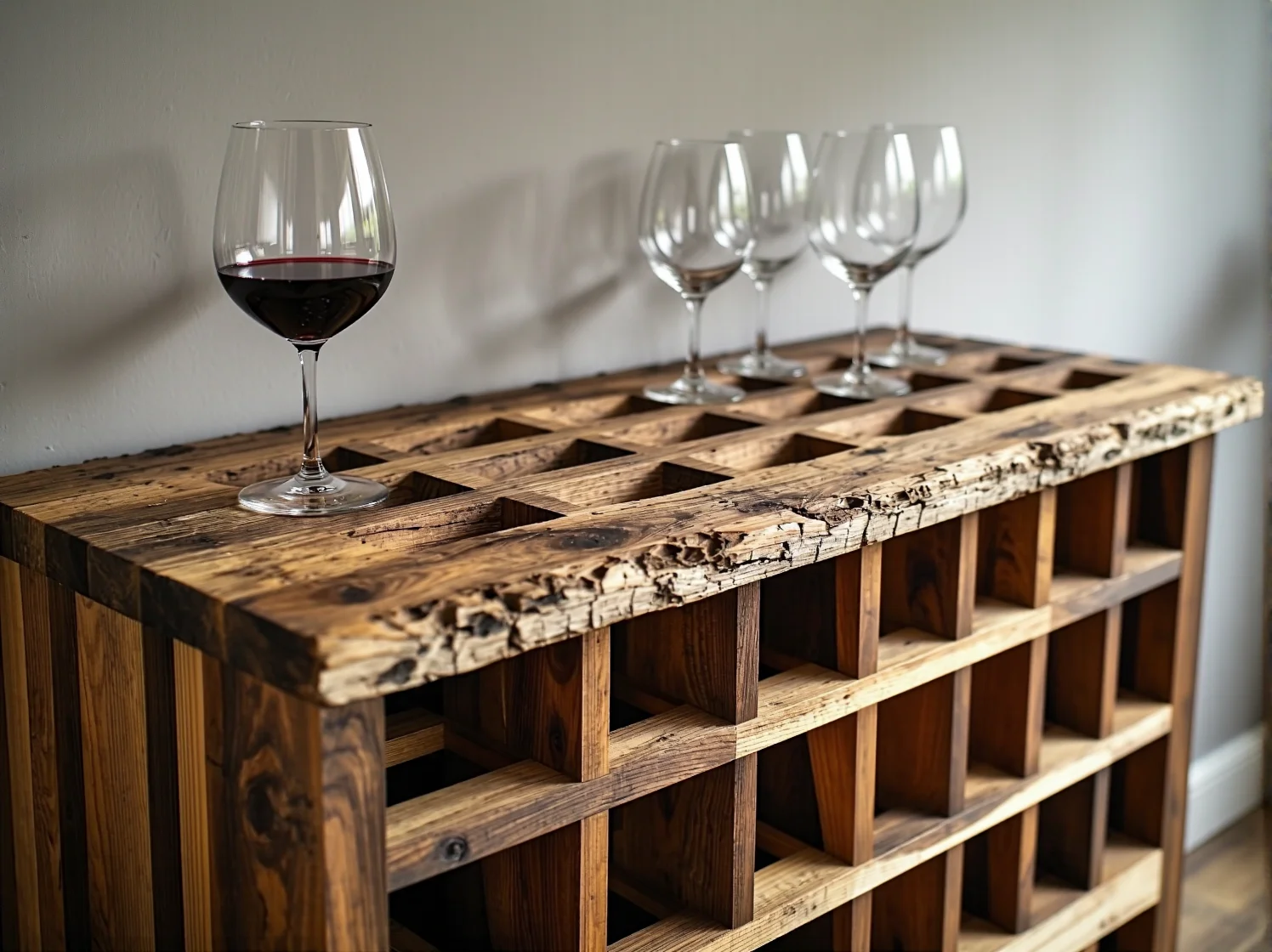 Zbliżenie na półkę na wino z odzysku z kieliszkiem, stylowa dekoracja kuchni