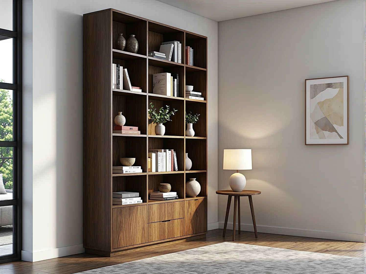 Stylowy regał drabinowy z książkami i roślinami ustawiony w wąskim przedpokoju.