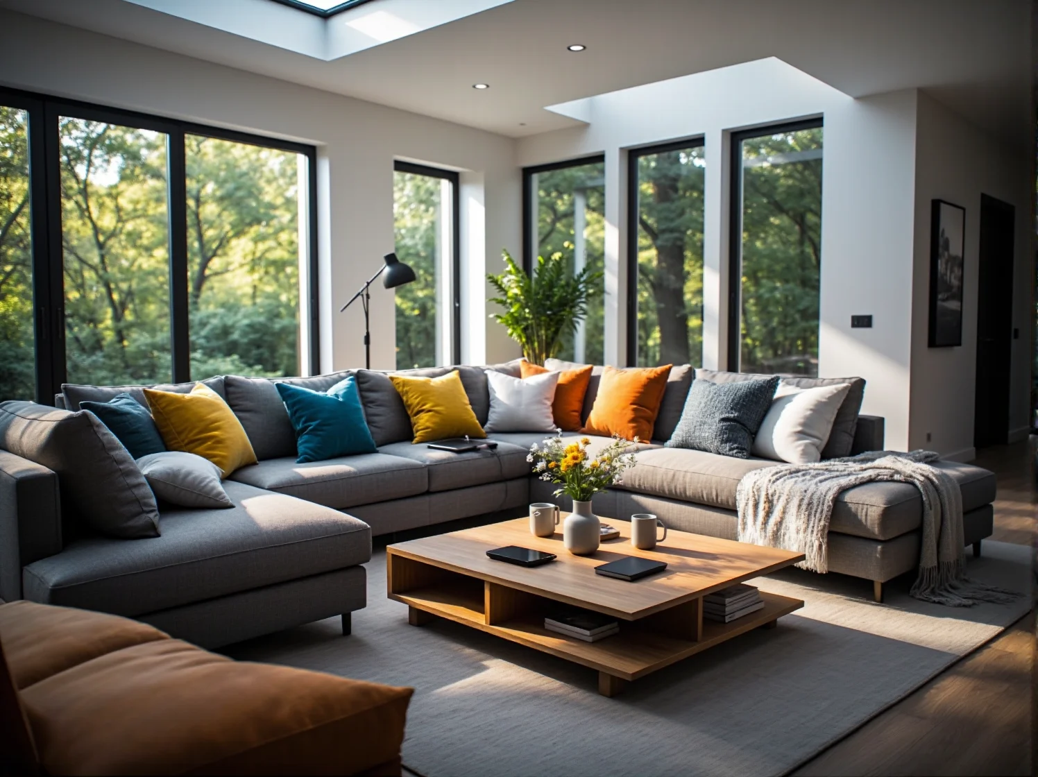 Narożnik tapicerowany szary z kolorowymi poduszkami dekoracyjnymi