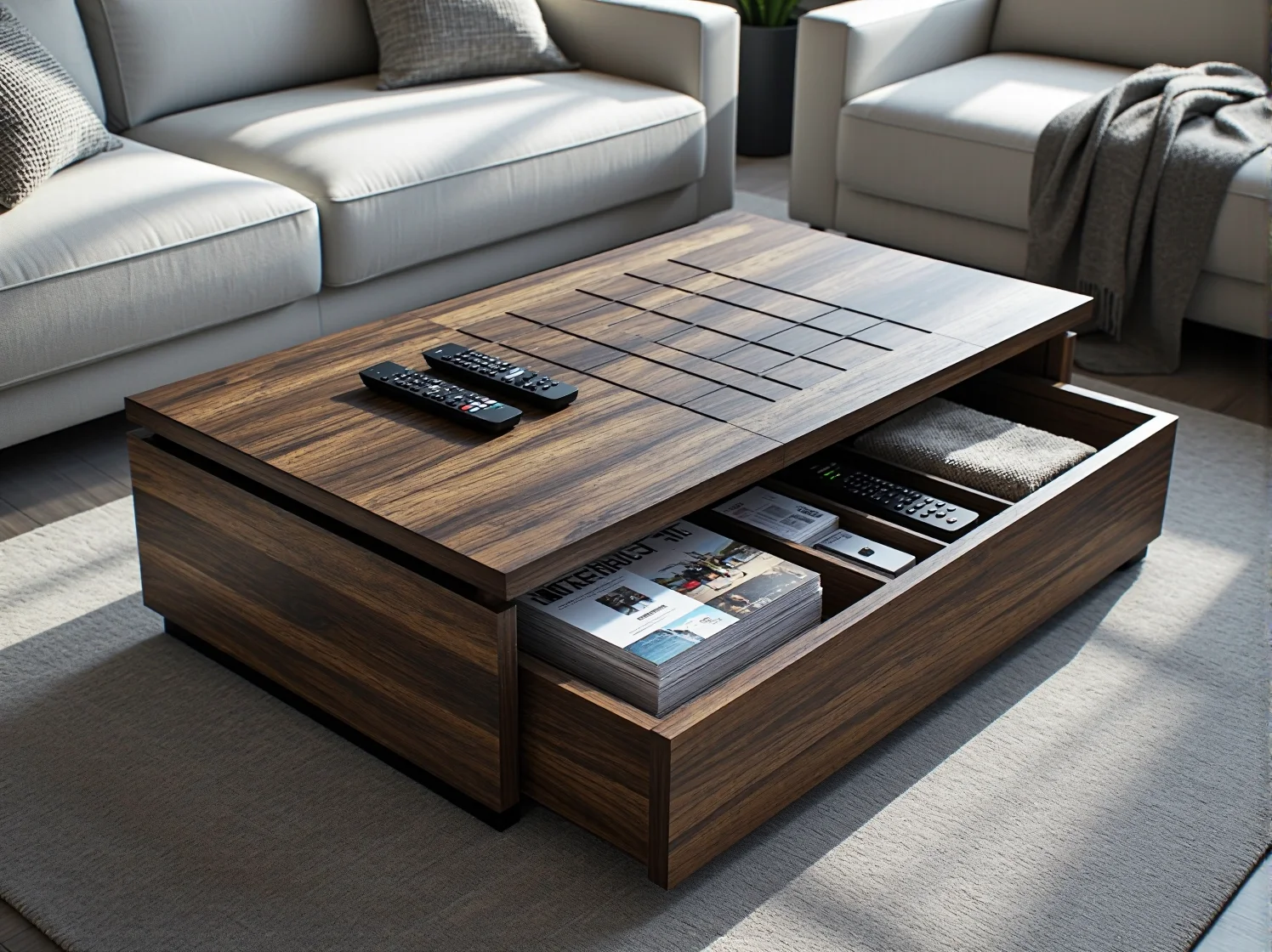 Szklany stolik kawowy z funkcją przechowywania na czarnym metalowym stelażu