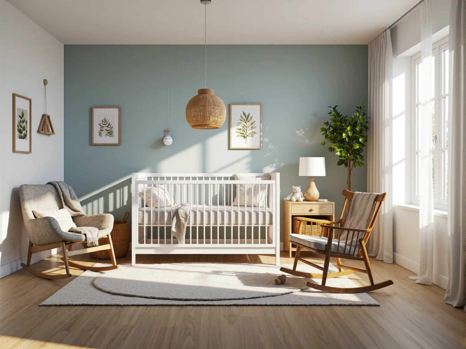 Białe łóżeczko niemowlęce z drewnianymi szczebelkami i materacem