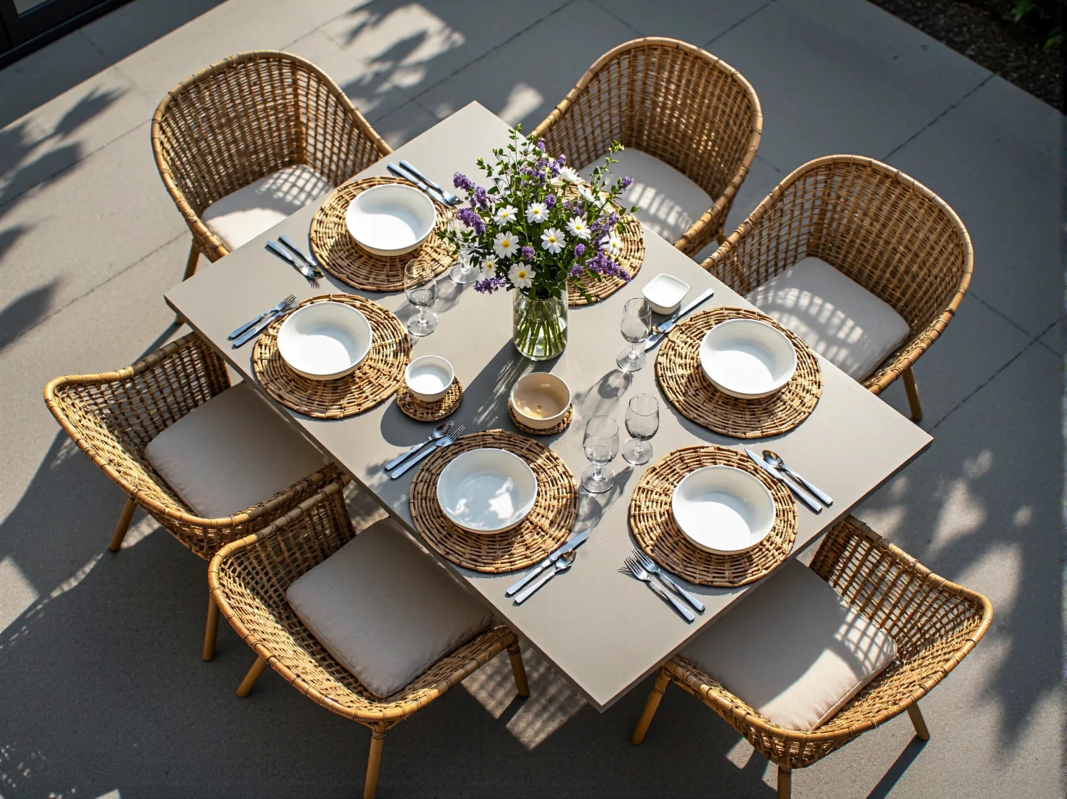 Detale aranżacji: rattanowa taca, poduszki i pledy na meblach ogrodowych