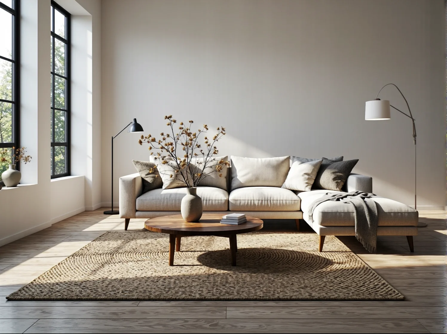 Kremowa sofa narożna z poduszkami i drewnianymi nóżkami