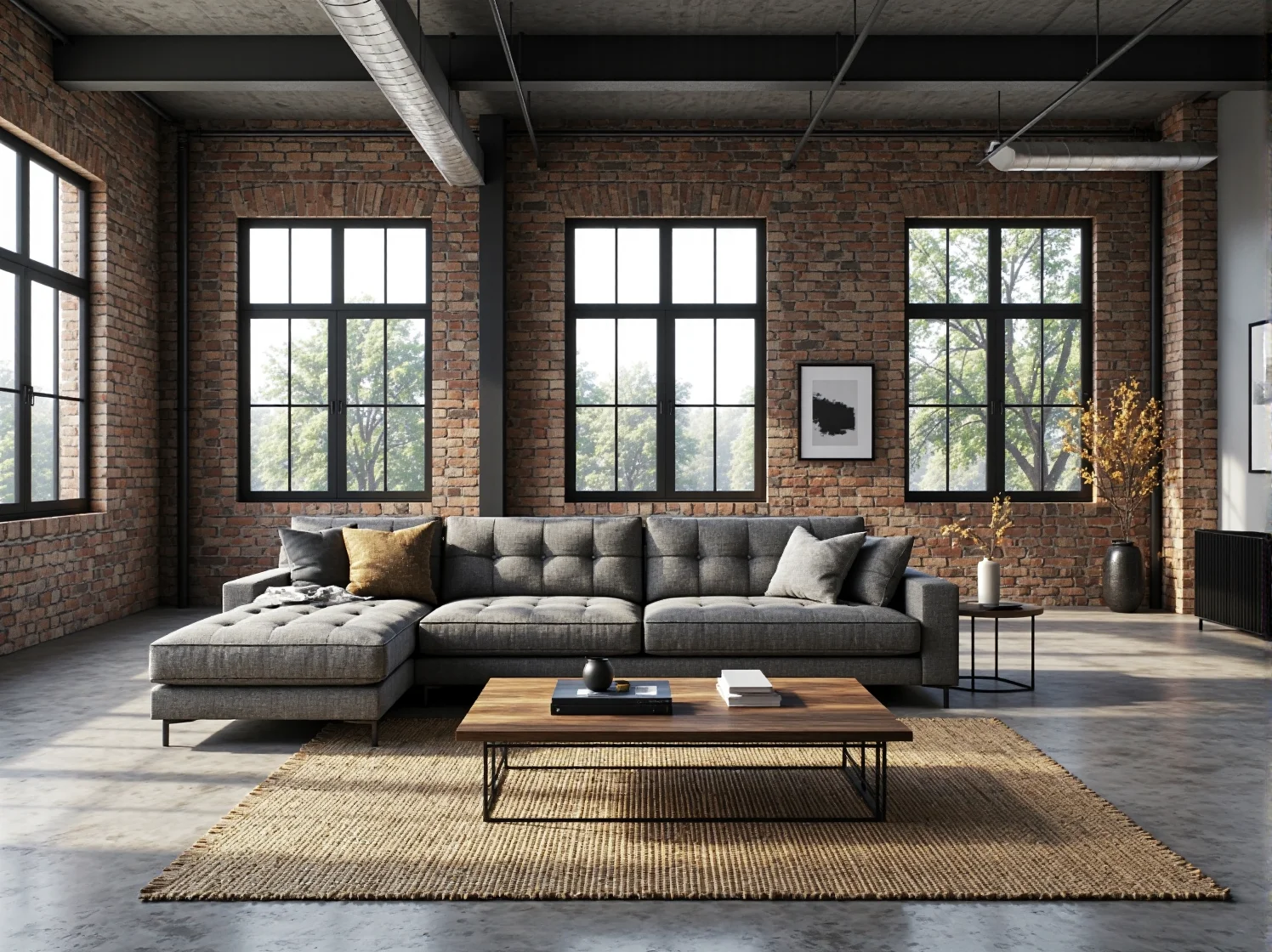 Szara sofa narożna z pikowanym siedziskiem na metalowych nóżkach