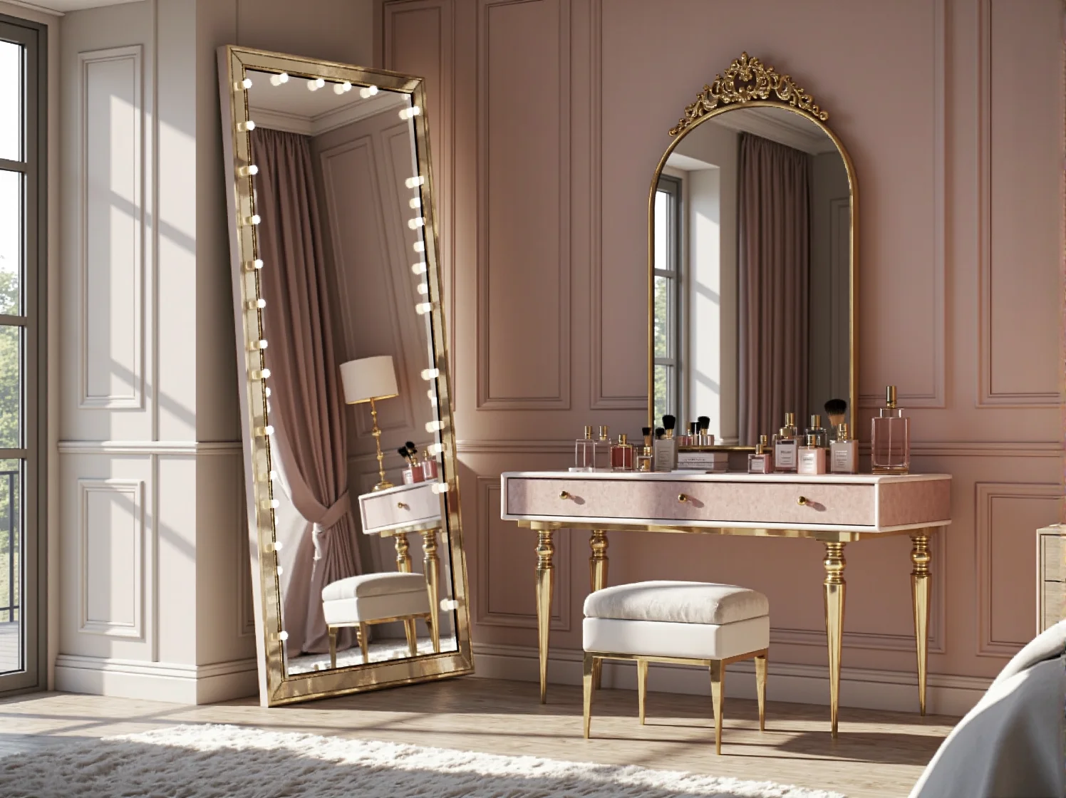 Luksusowa aranżacja sypialni z efektownym oświetleniem glamour