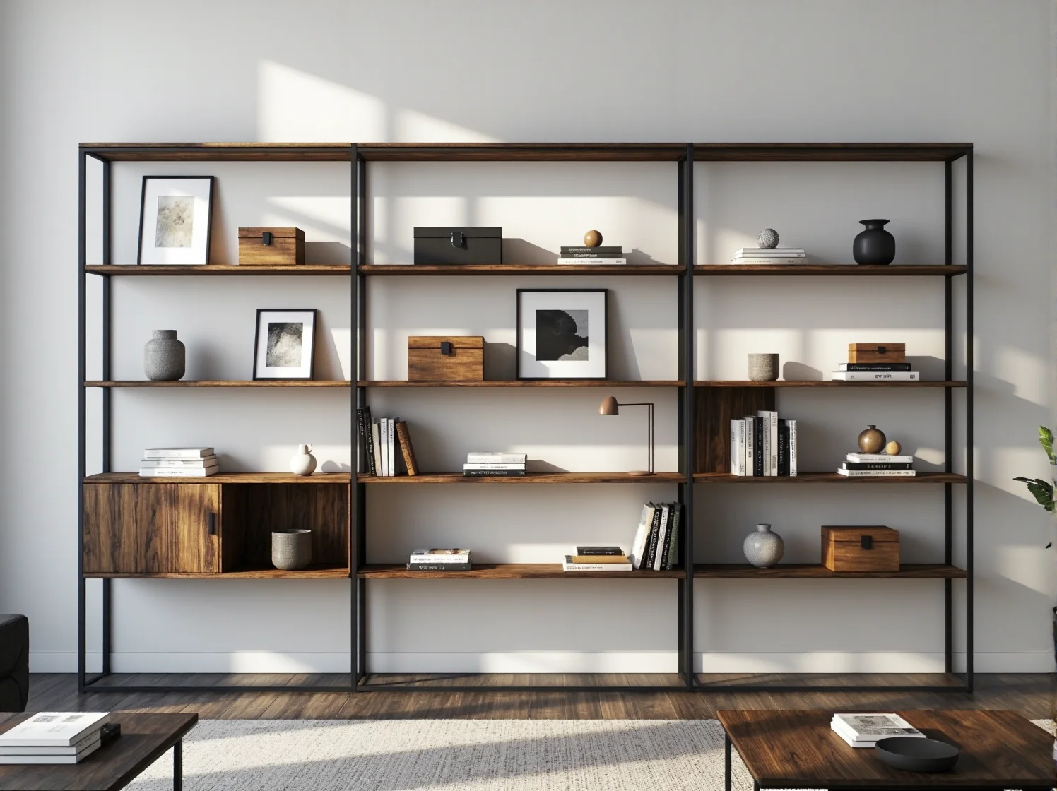 Dekoracyjne pudełka i szklana witryna eksponująca luksusowe dodatki i biżuterię w eleganckim salonie.