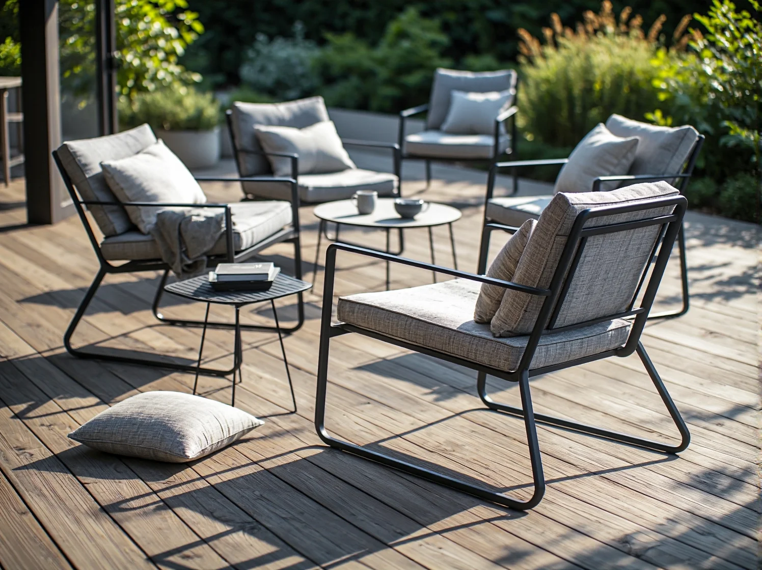 Wygodny fotel ogrodowy drewniany w modnej aranżacji tarasu