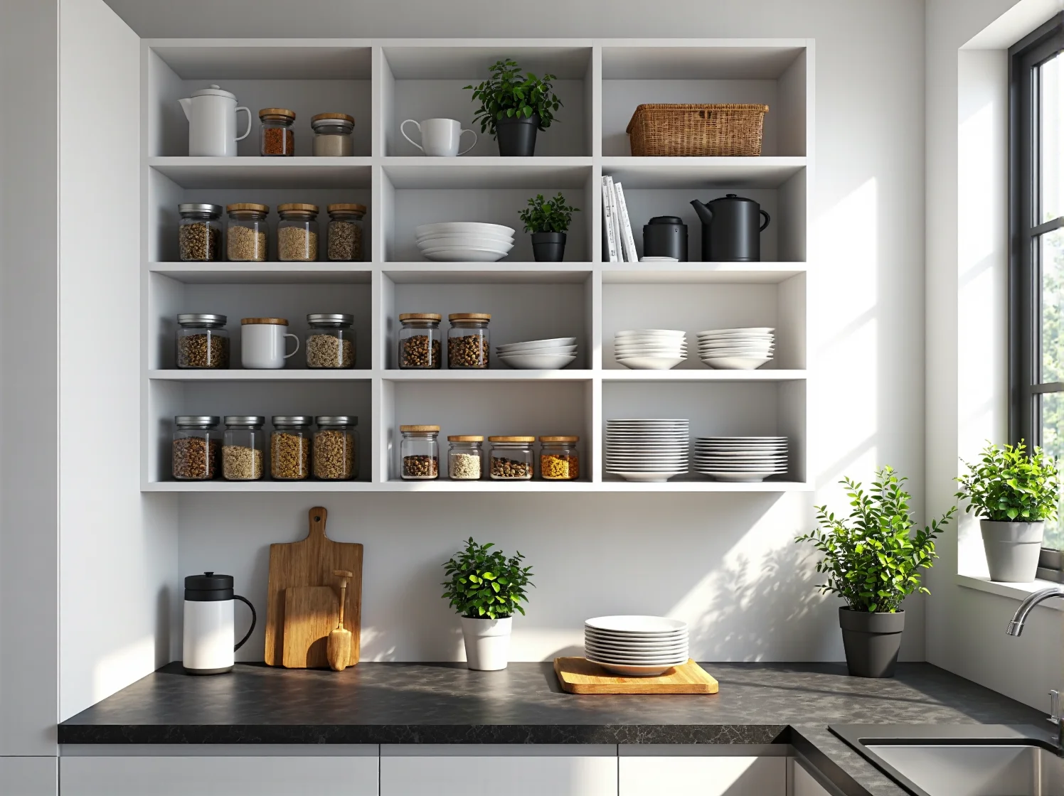 Wysoki i wąski regał narożny maksymalnie wykorzystujący dostępny kąt w małym pokoju.